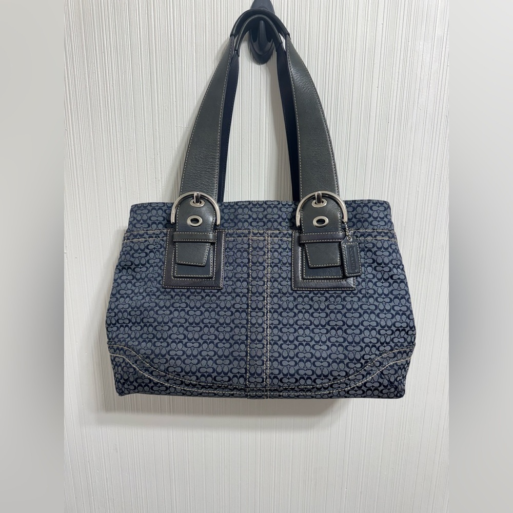 Coach Navy Monogram Canvas Tote with Black Leather Straps